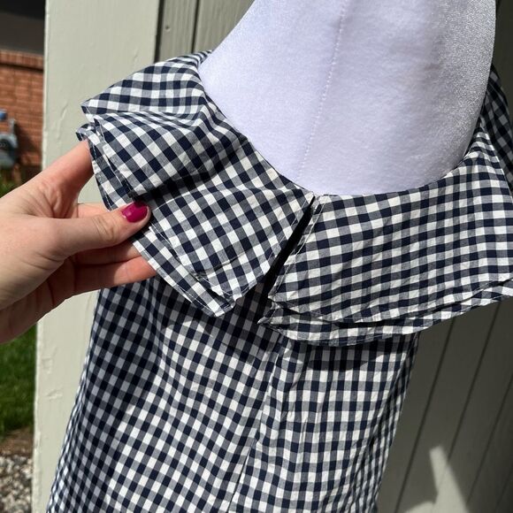 J Crew Blue & White Gingham One Sleeve Asymmetric Ruffle - SZ 4 - Picture 6 of 12